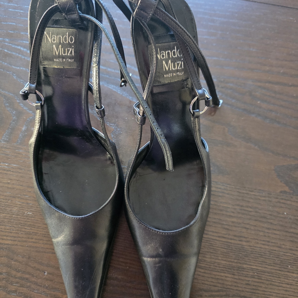 Nando Muzi Black Leather Pointed-Toe Ankle-Strap Heels